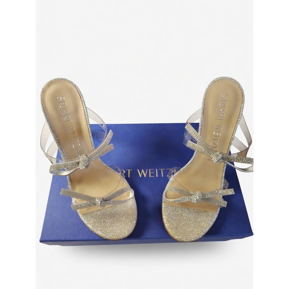 Stuart Weitzman SW Bow 100 Slide Silver Glitter Clear PVC Sandals‎ 7B SB585
